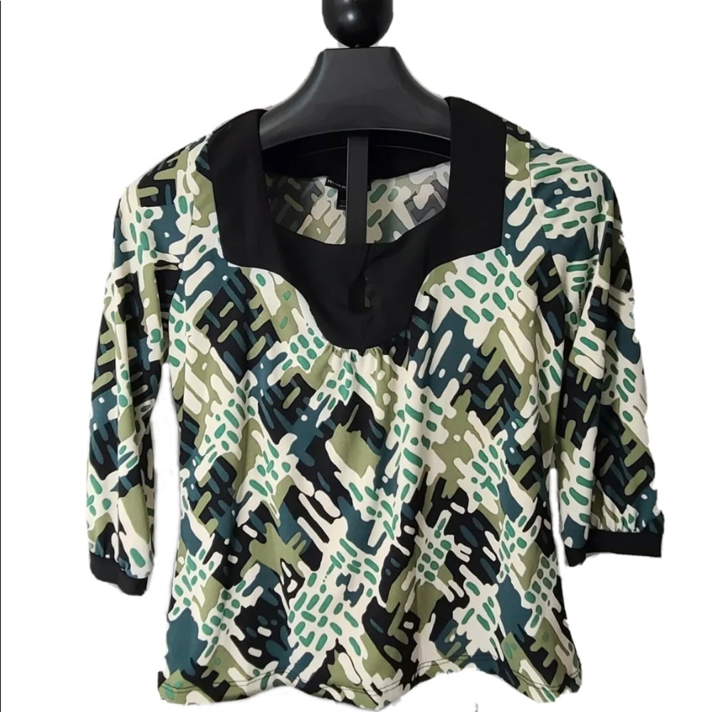 Petite Sophisticate Women's Green/Cream/Black Patterned 3/4 Sleeved Top Size PS